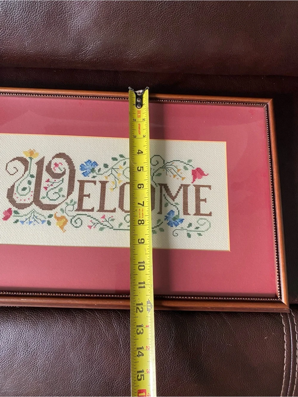 Vintage Welcome Needlepoint Embroidery Cross-Stitch Framed Wall Decor Cottage